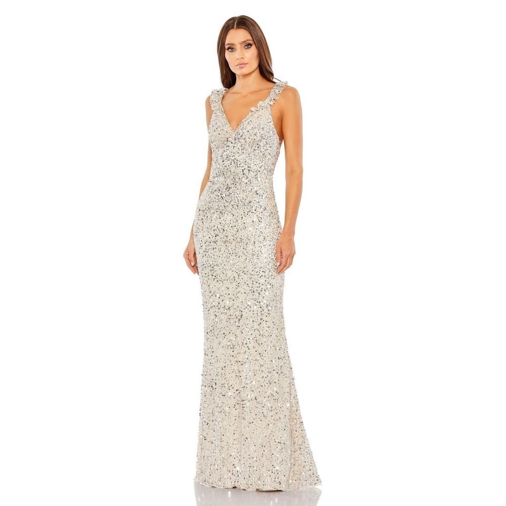 Mac Duggal 5674 Ruffle V-Neck Sequin Dress Sleeveless Nude Silver Size 10 Nwt